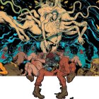 Muscular man with multiple arms surrounded by surreal creatures in chaotic, colorful scenery blending science and fantasy elements