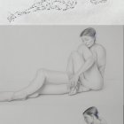 Three pencil sketches of seated female figure in various poses with realistic proportions and shading