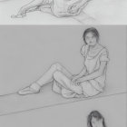 Three sequential sketches of a person sitting down with legs stretched to one side, progressively concealing their face