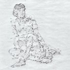 Seated girl in pencil sketch, looking thoughtful or sad, draped in flowing robe