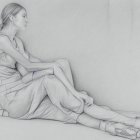 Seated person in tank top and ballet shoes resting head on raised arm