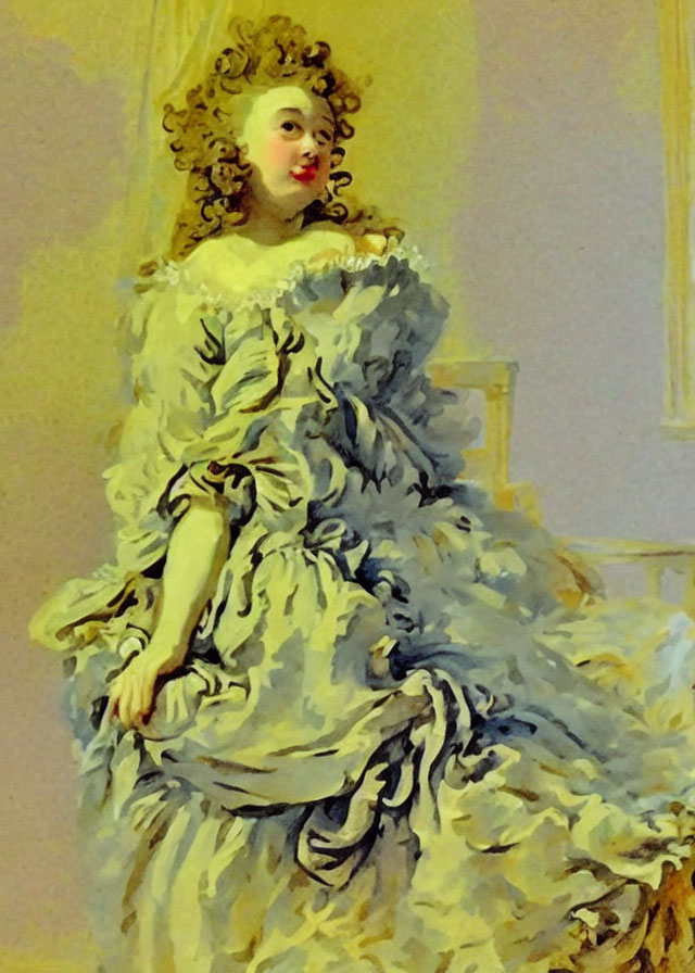 Woman in Ornate Blue Dress with Curly Golden Hair