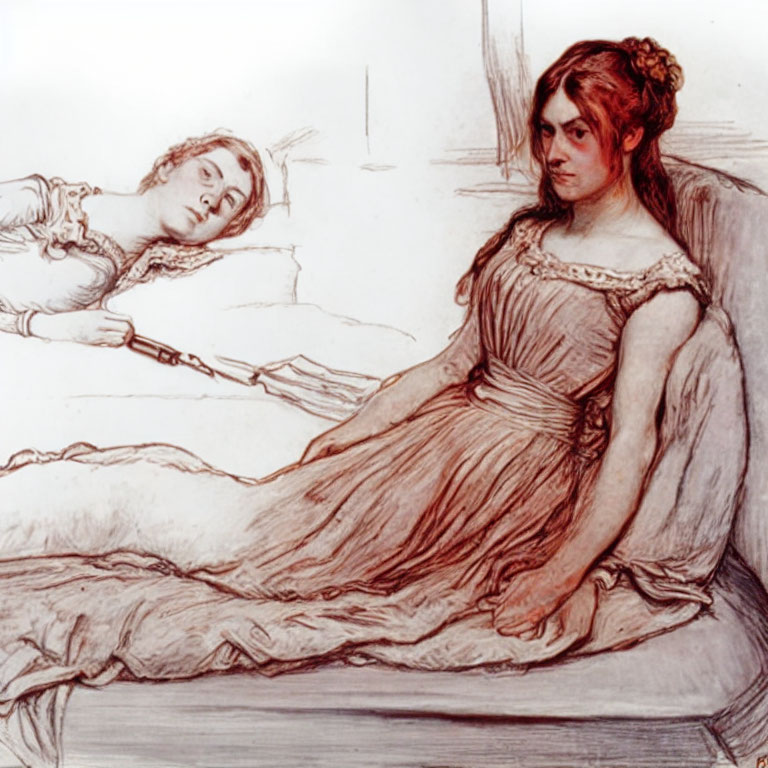 Vintage drawing of two women in period dresses on a couch