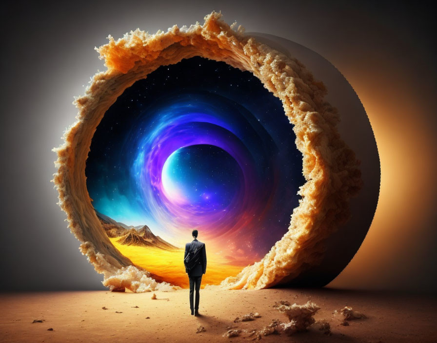 Person in suit gazes at cosmic desert portal