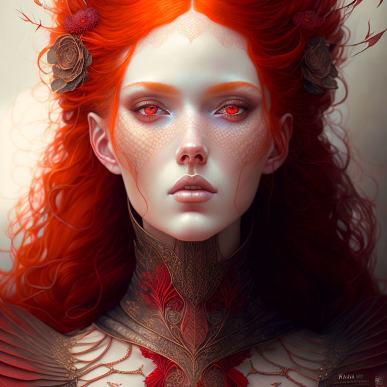 Vibrant red-haired figure with scale-like patterns and ornate adornments