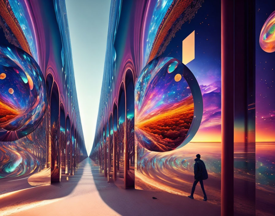Mirrored corridor with cosmic and desert landscapes blending.