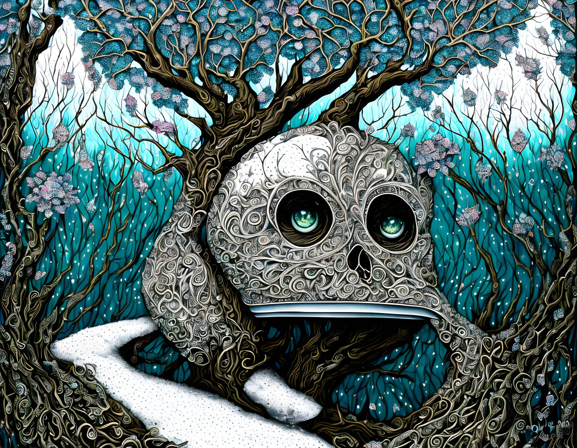 Detailed surreal illustration: Creature with expressive eyes in whimsical forest