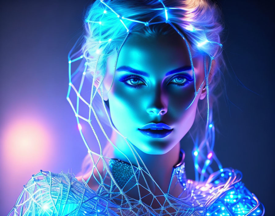 Surreal portrait of woman with glowing blue lights and wire designs on dark background