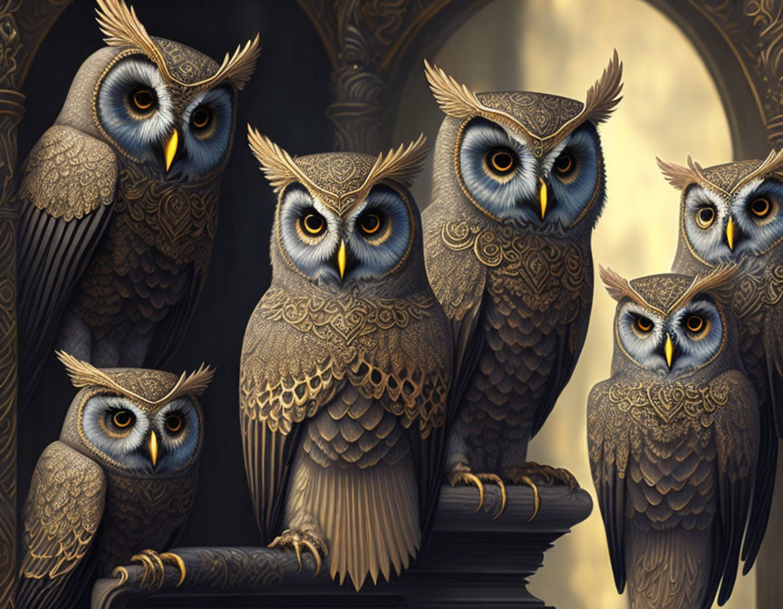 Stylized owls with intricate feather patterns on gothic background