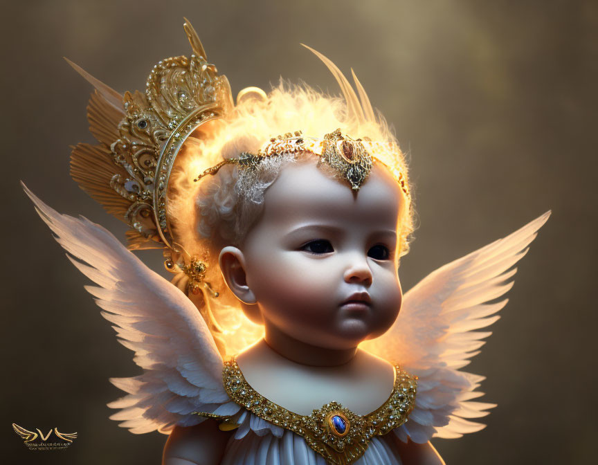 Digital artwork: Baby with angel wings and golden headgear on soft golden background