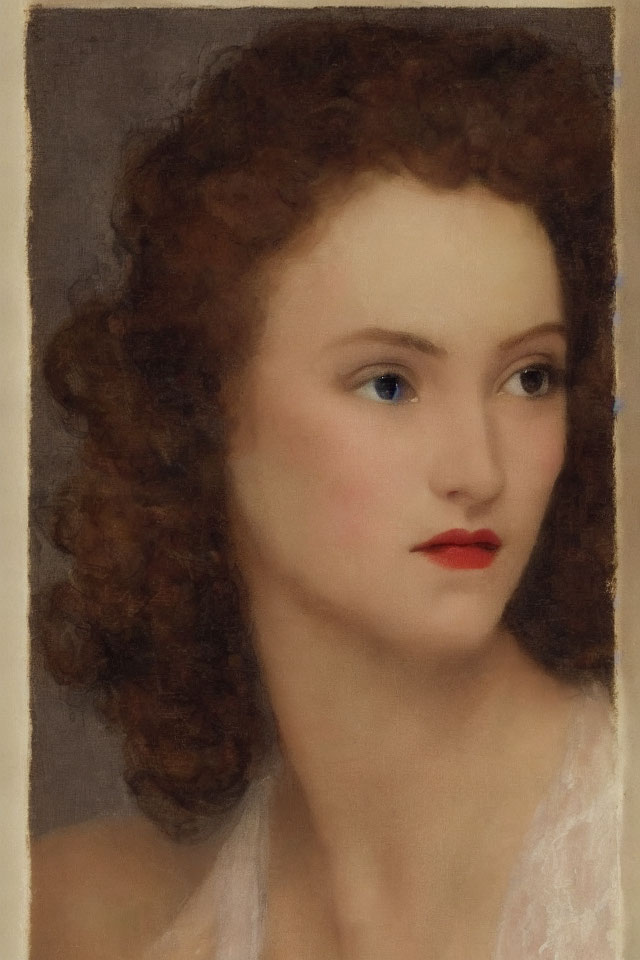 Portrait of Woman with Curly Brown Hair and Blue Eyes