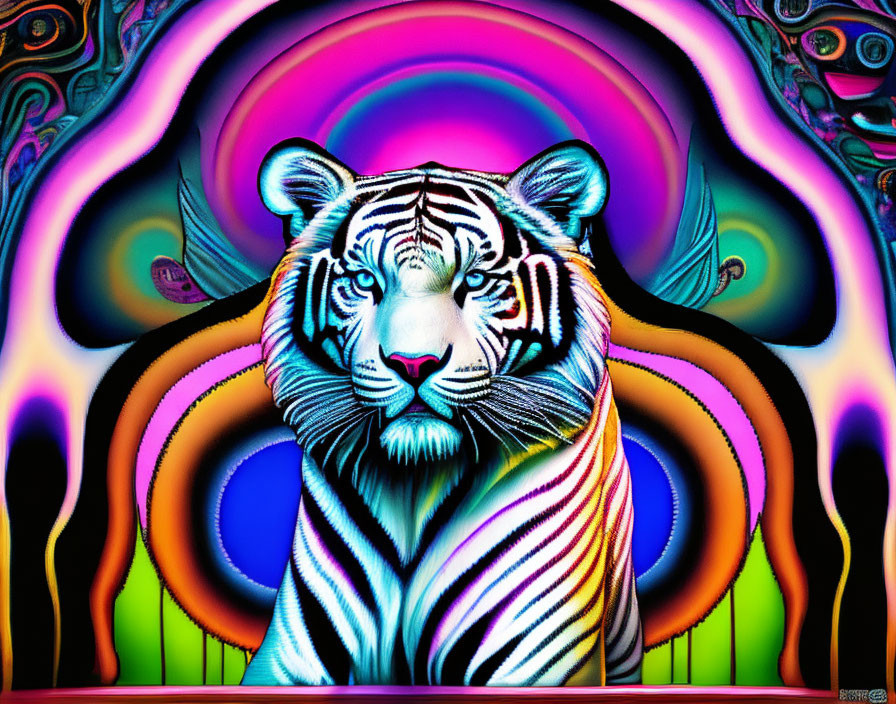 Colorful digital artwork: White tiger on psychedelic background