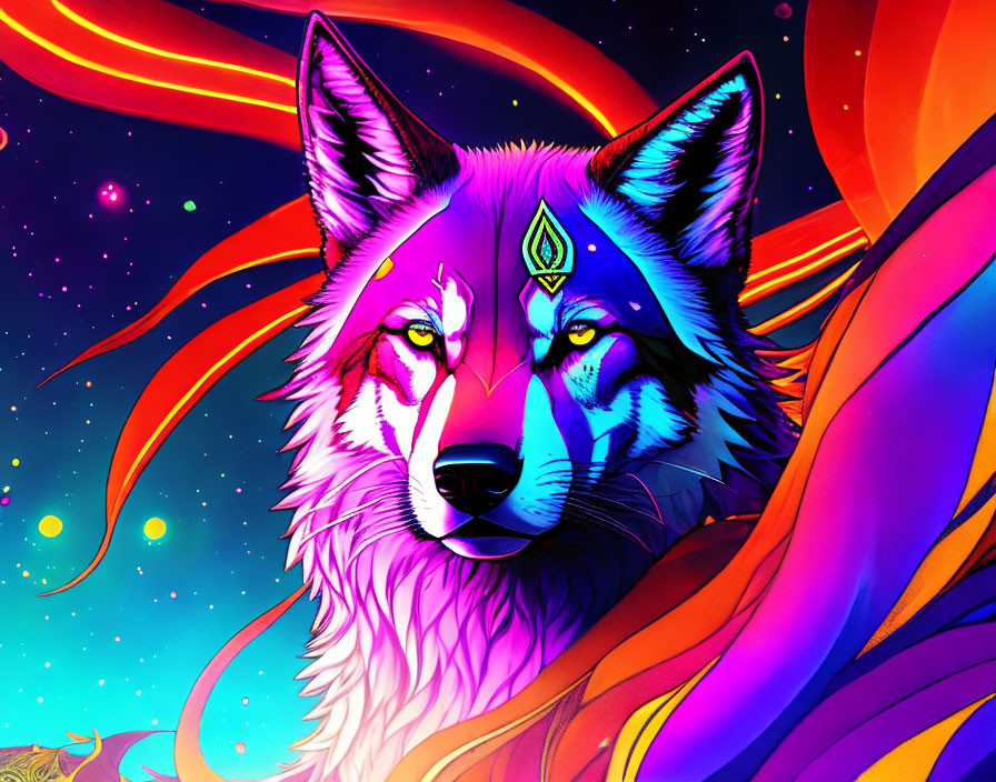 Colorful Wolf Illustration with Cosmic Background