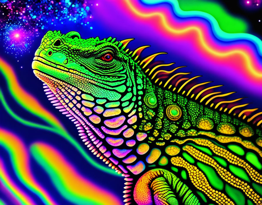 Colorful Psychedelic Iguana Illustration on Cosmic Background