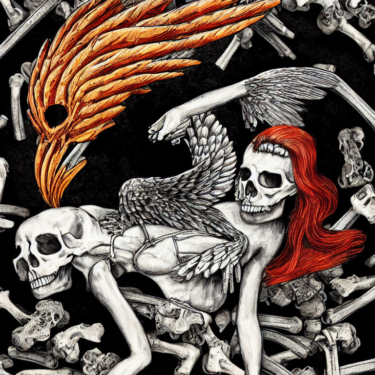 Colorful Skeleton with Red Hair and Flaming Wing Among Bones