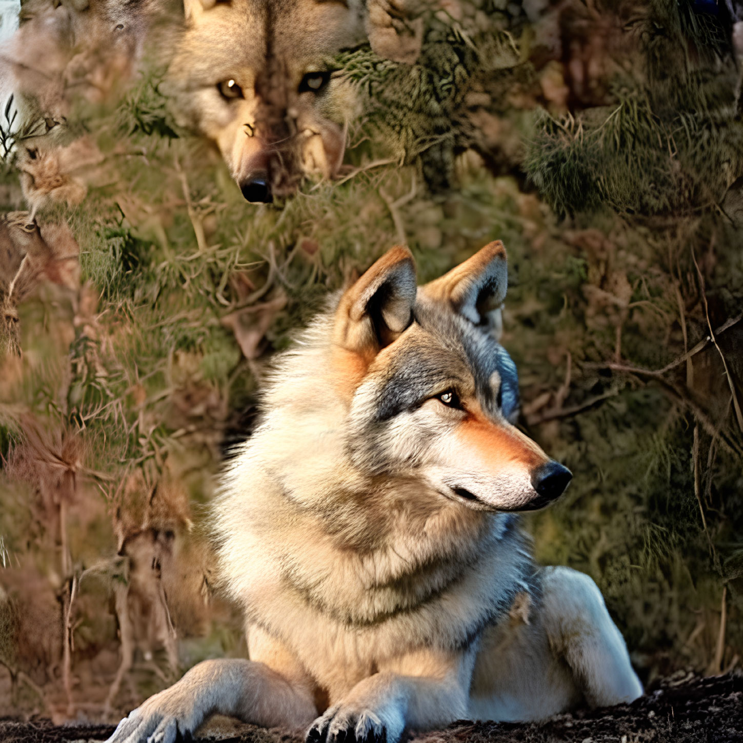Two wolves in different poses depicted in the image.