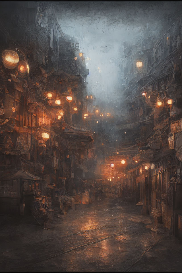 Gloomy cyberpunk alleyway with lanterns in dense fog