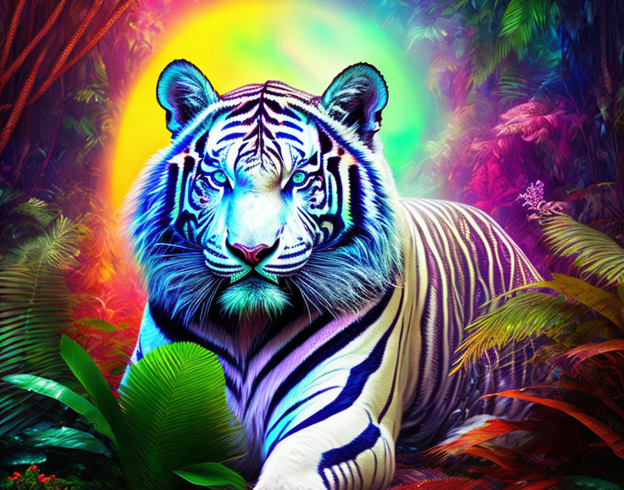 Colorful digital artwork: White tiger in vibrant jungle with warm glow