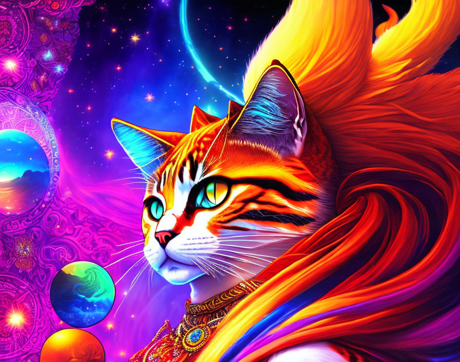 Majestic orange tabby cat in cosmic digital artwork