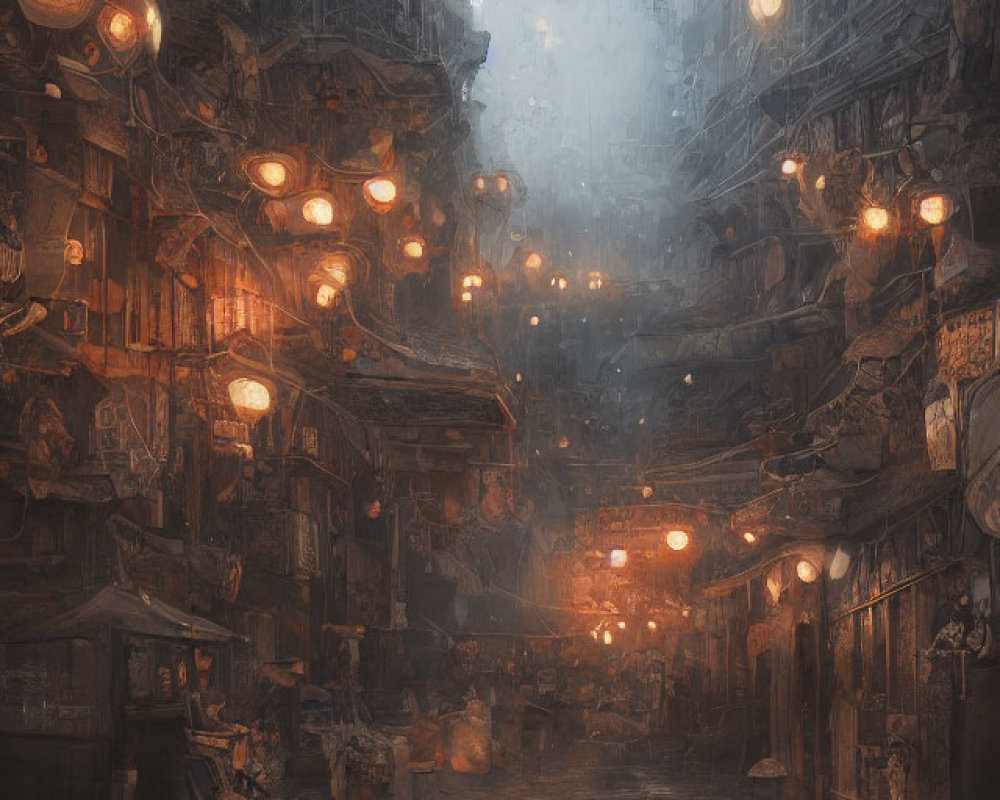 Gloomy cyberpunk alleyway with lanterns in dense fog