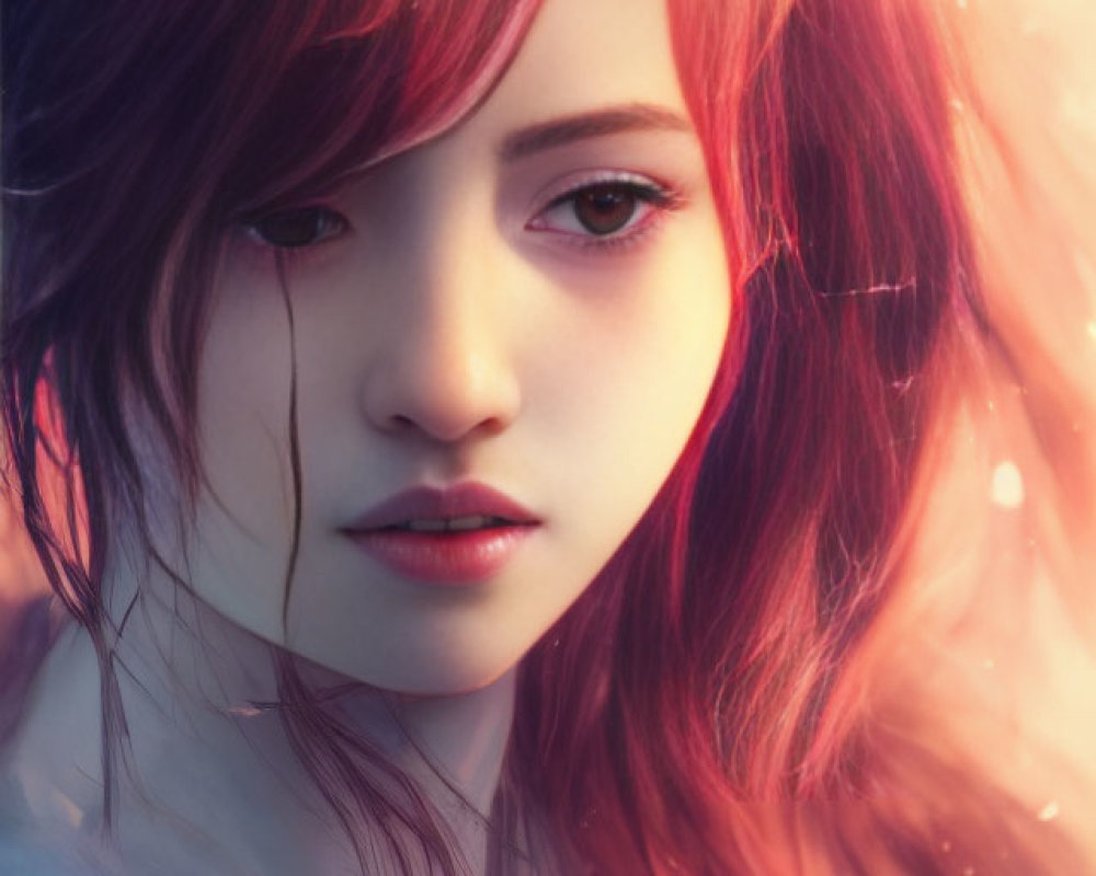 Digital artwork: Woman with striking red hair and thoughtful expression on warm background