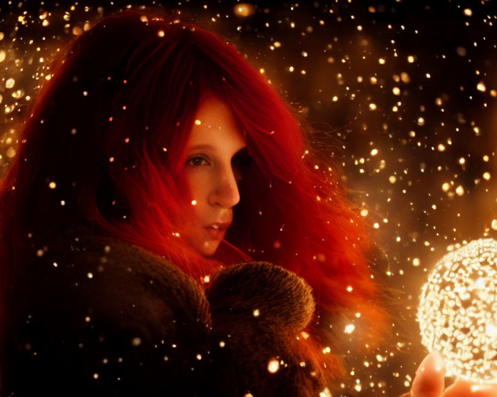 Red-haired person holding glowing orb in warm, amber setting