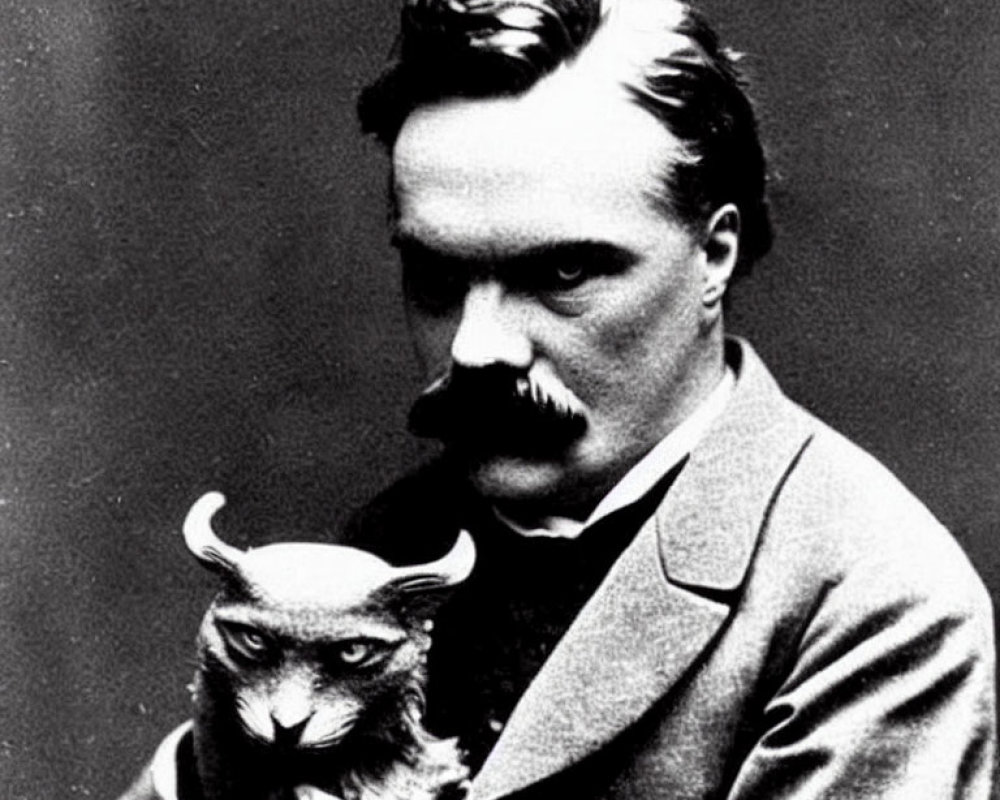 Monochrome photo of mustachioed man with small owl.