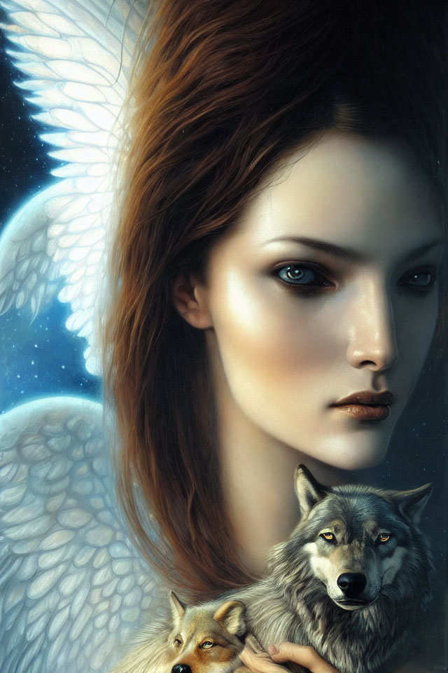Digital painting of woman with angelic wings, wolf, and fox in mystical setting