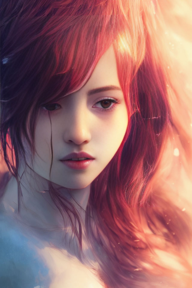 Digital artwork: Woman with striking red hair and thoughtful expression on warm background