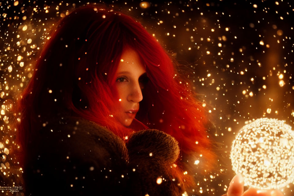 Red-haired person holding glowing orb in warm, amber setting