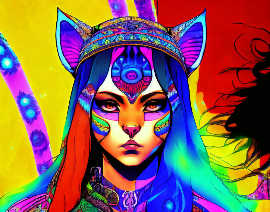 Colorful tribal character with feline features and mystical headdress