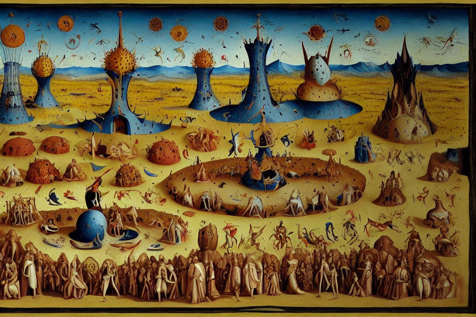 Distorted surreal landscape with chaotic figures on ochre background
