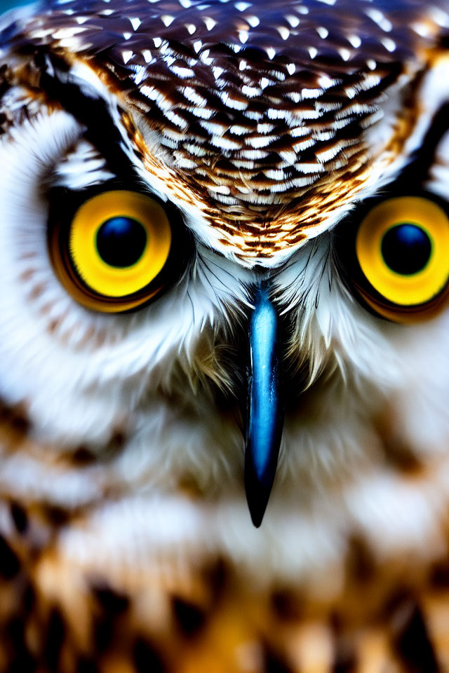 Detailed Owl Face with Intense Yellow Eyes and Plumage Patterns