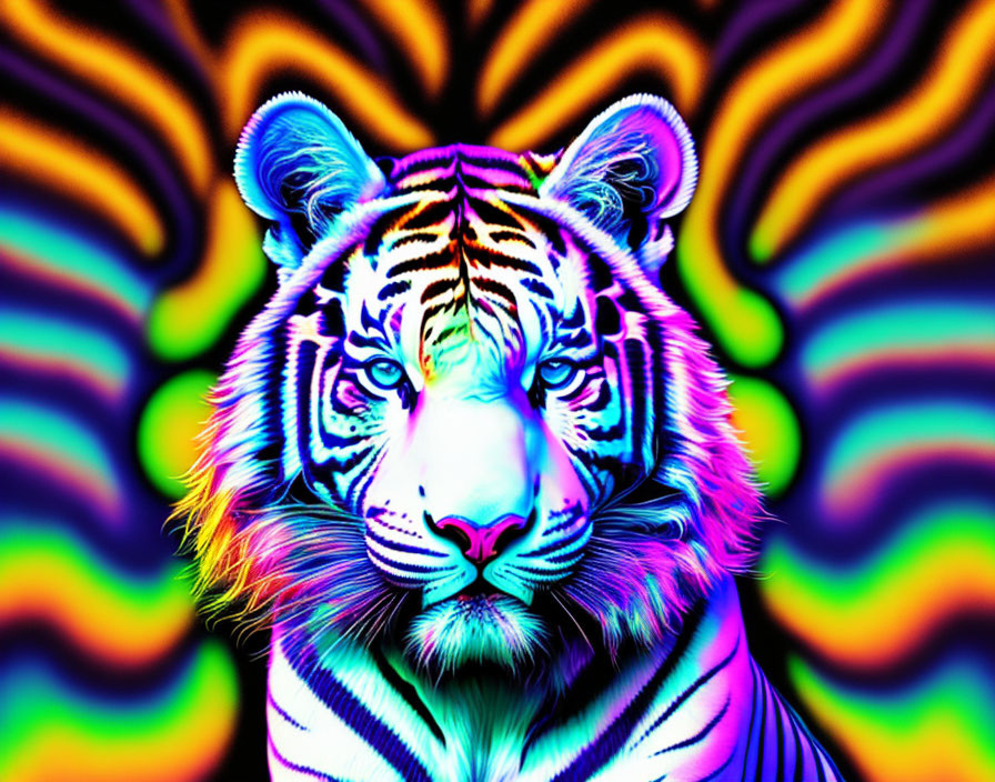 Colorful Psychedelic Tiger Against Swirling Patterned Background