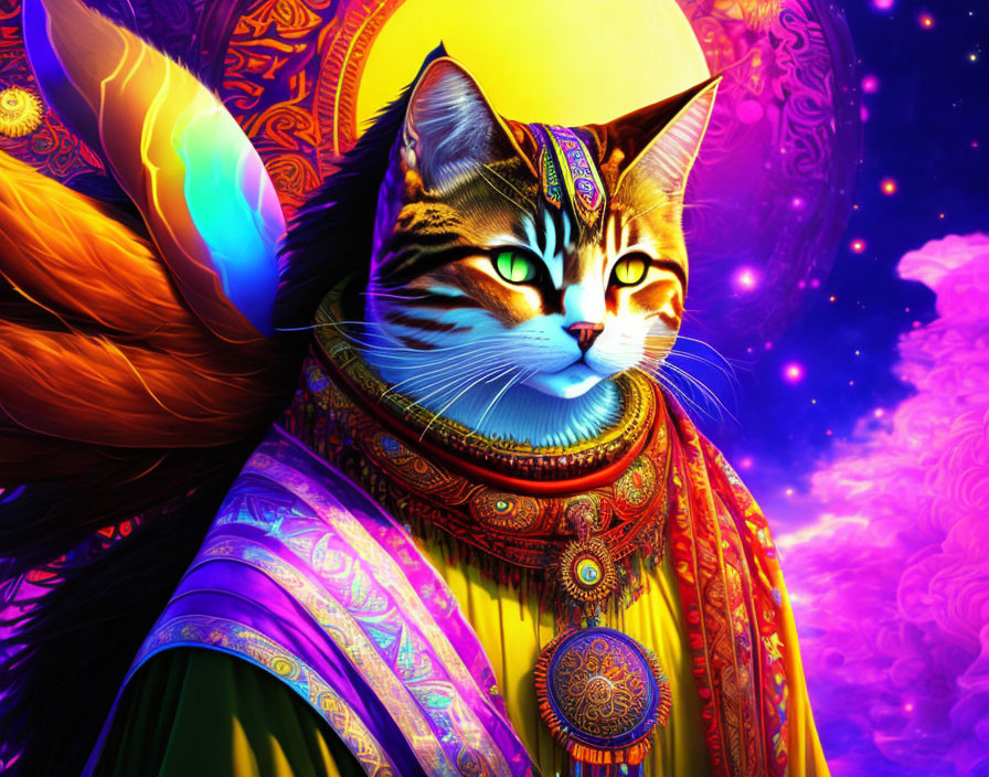 Regal cat in ornate attire with cosmic background