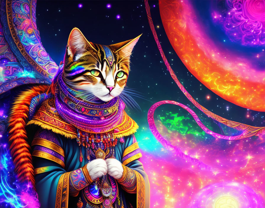 Colorful Anthropomorphic Cat in Ornate Clothing Against Psychedelic Cosmic Background
