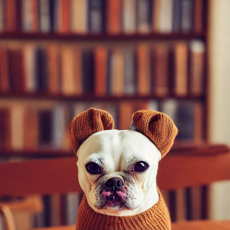 Digitally altered dog with human-like face in brown sweater by bookshelf