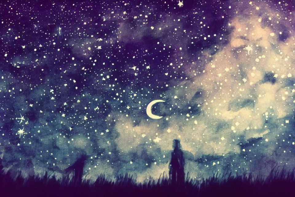 Starry night sky watercolor painting with silhouetted figures