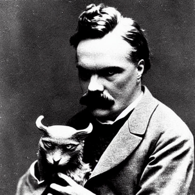 Monochrome photo of mustachioed man with small owl.