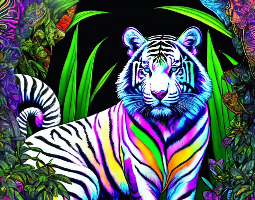 Colorful Neon Tiger Among Tropical Foliage on Black Background