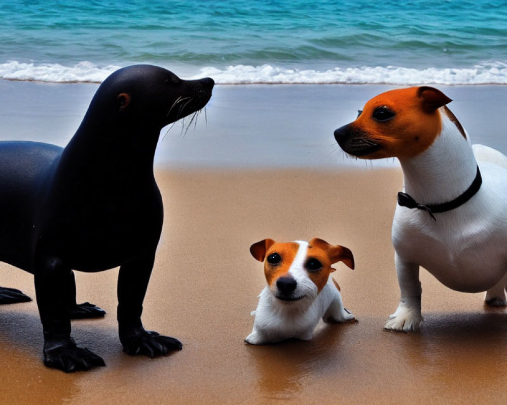 Seal and Two Jack Russell Terriers on Sandy Beach