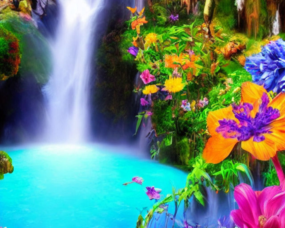 Digitally Enhanced Nature Scene with Waterfall and Flowers
