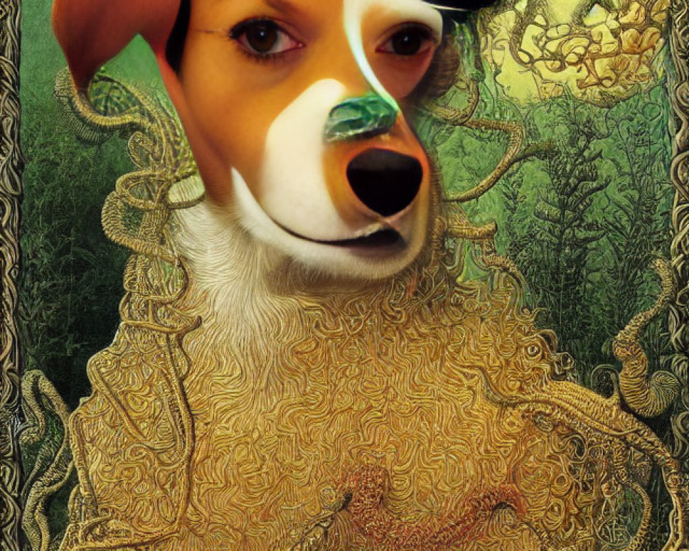 Surreal dog face merged with classic painting elements, intricate patterns, golden greenish background