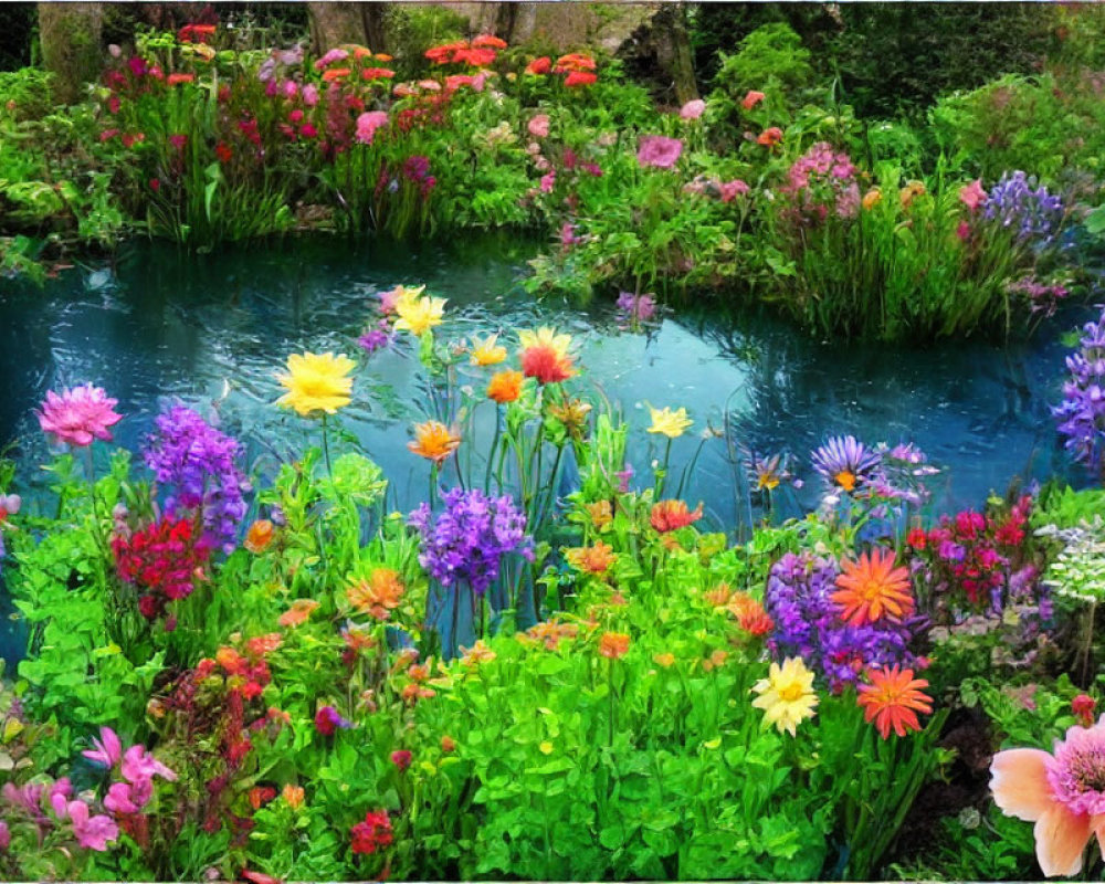 Colorful Flower Garden with Blue Pond and Lush Greenery