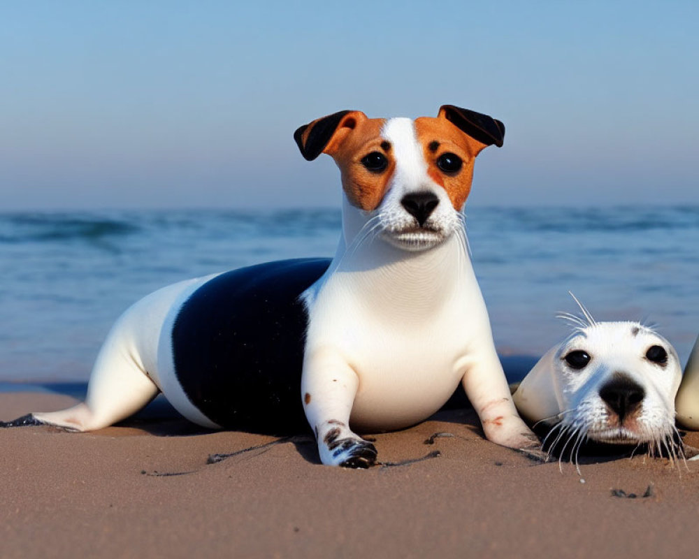 Digital artwork of a dog with a seal's body on a beach.