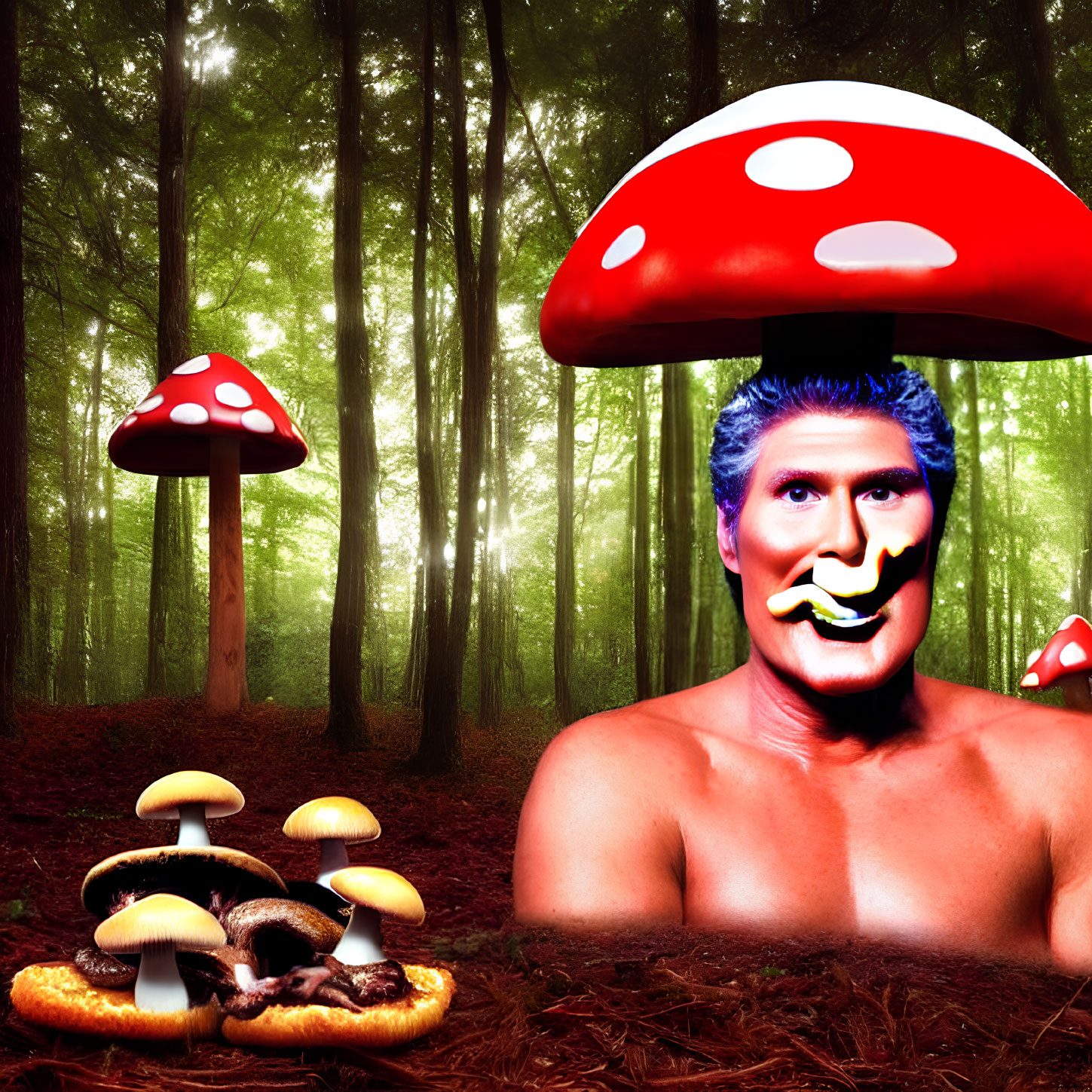 Colorful surreal forest scene with oversized mushrooms and stylized male figure blending in.