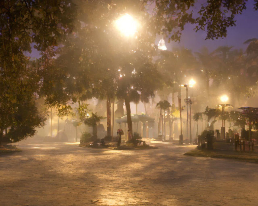 Tranquil dusk scene: foggy park with glowing streetlamps, trees, and greenery