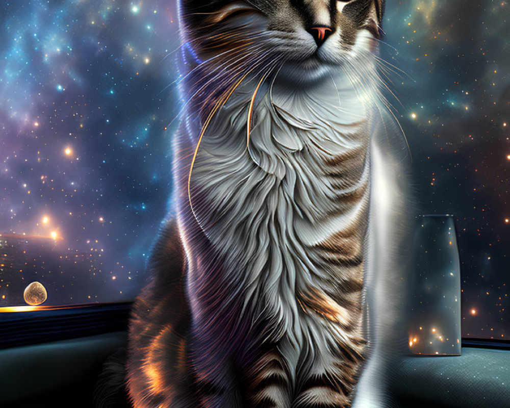Illustrated Tabby Cat with Cosmic Background and Glass of Water