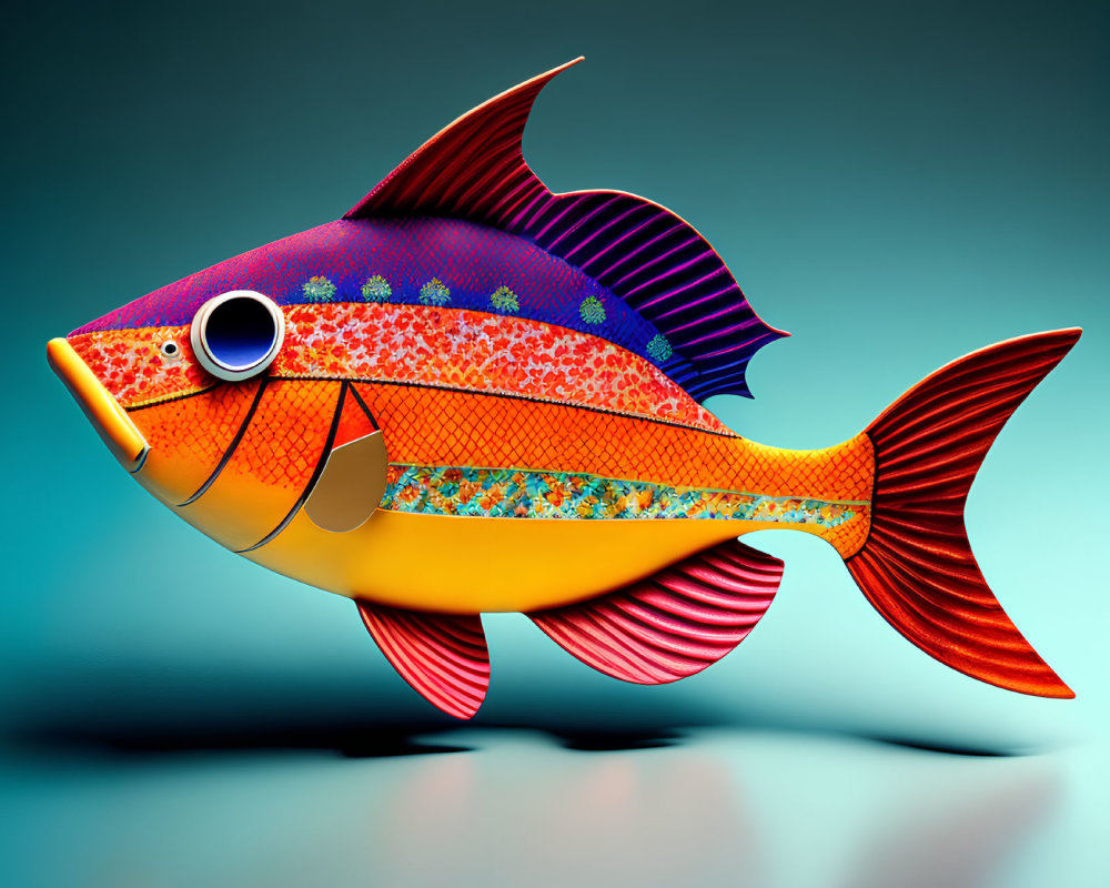 Colorful Fish Illustration with Exaggerated Fins on Teal Background