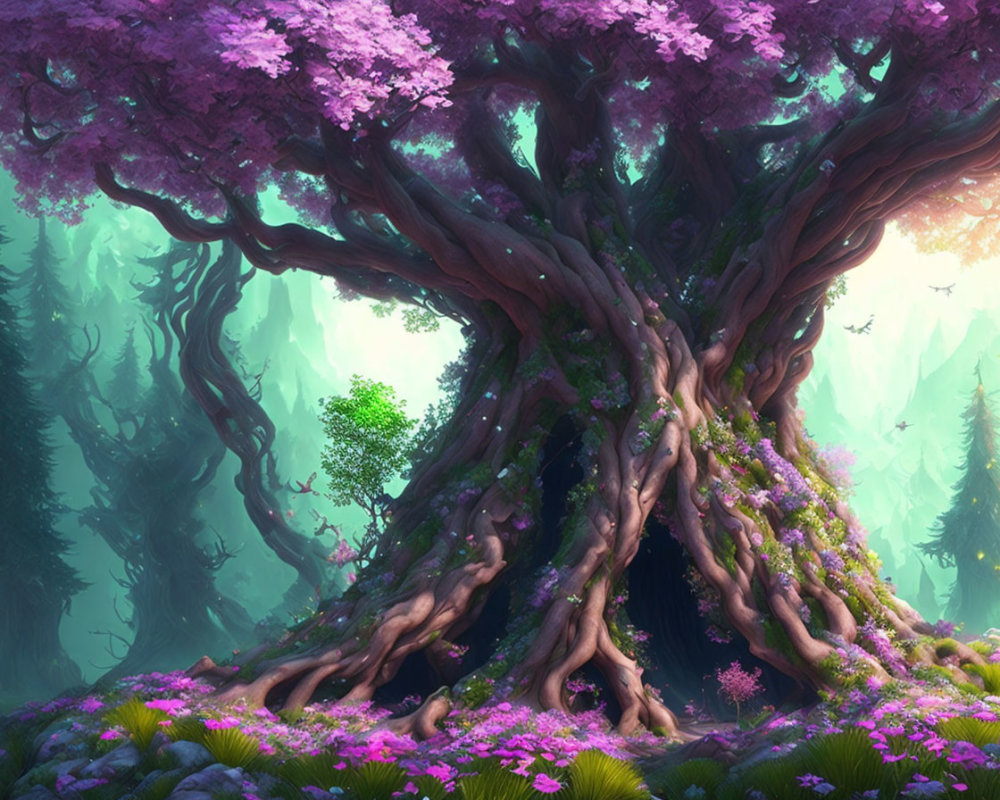 Majestic large tree with purple foliage in misty enchanted forest